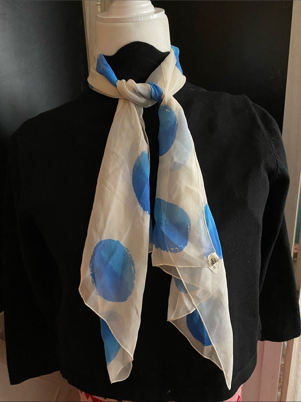 Rare Vintage Vera Neumann blue polka dot scarf unsigned but tagged